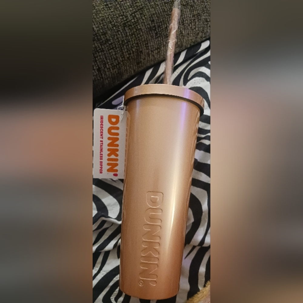 New, Unused Dunkin' Metallic Rose Gold / Copper Cup with Straw Water Bottle